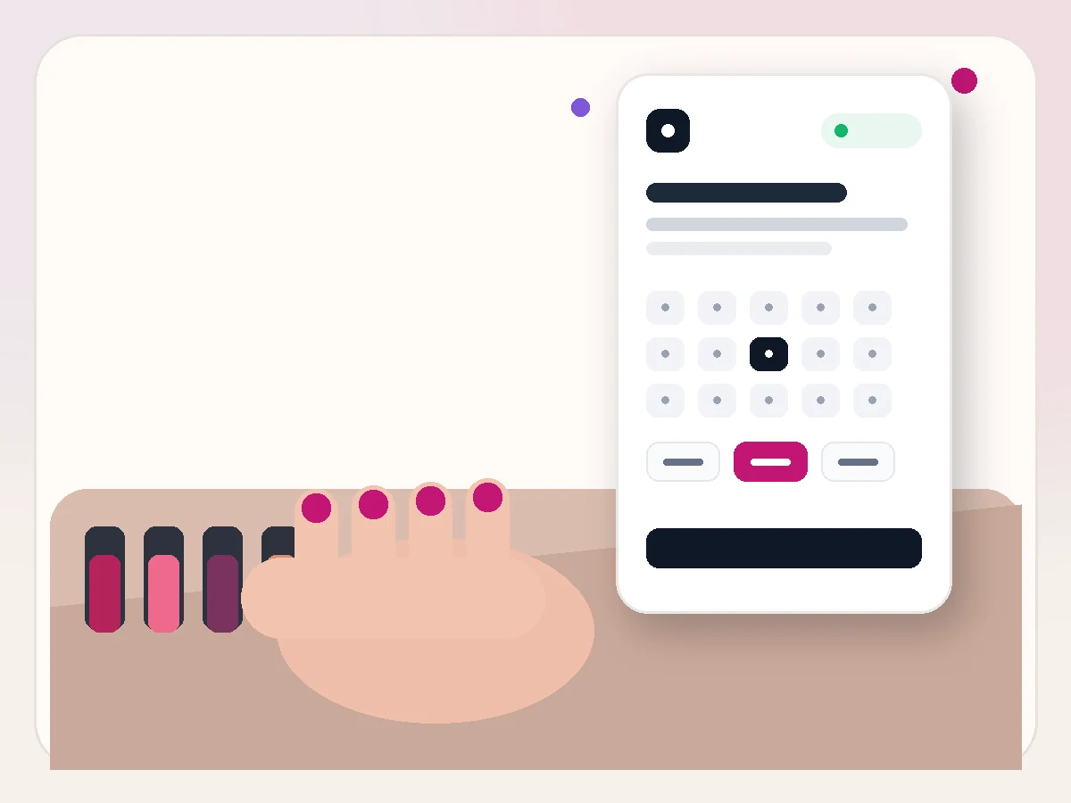 Ilustración de Reservas online para manicuristas con la interfaz de reservas online de Bookero