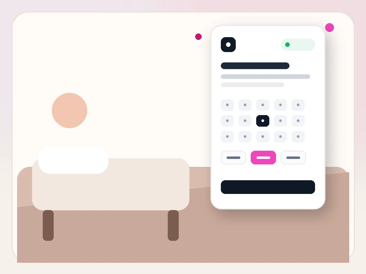 Ilustración de Reservas online para masajistas con la interfaz de reservas online de Bookero