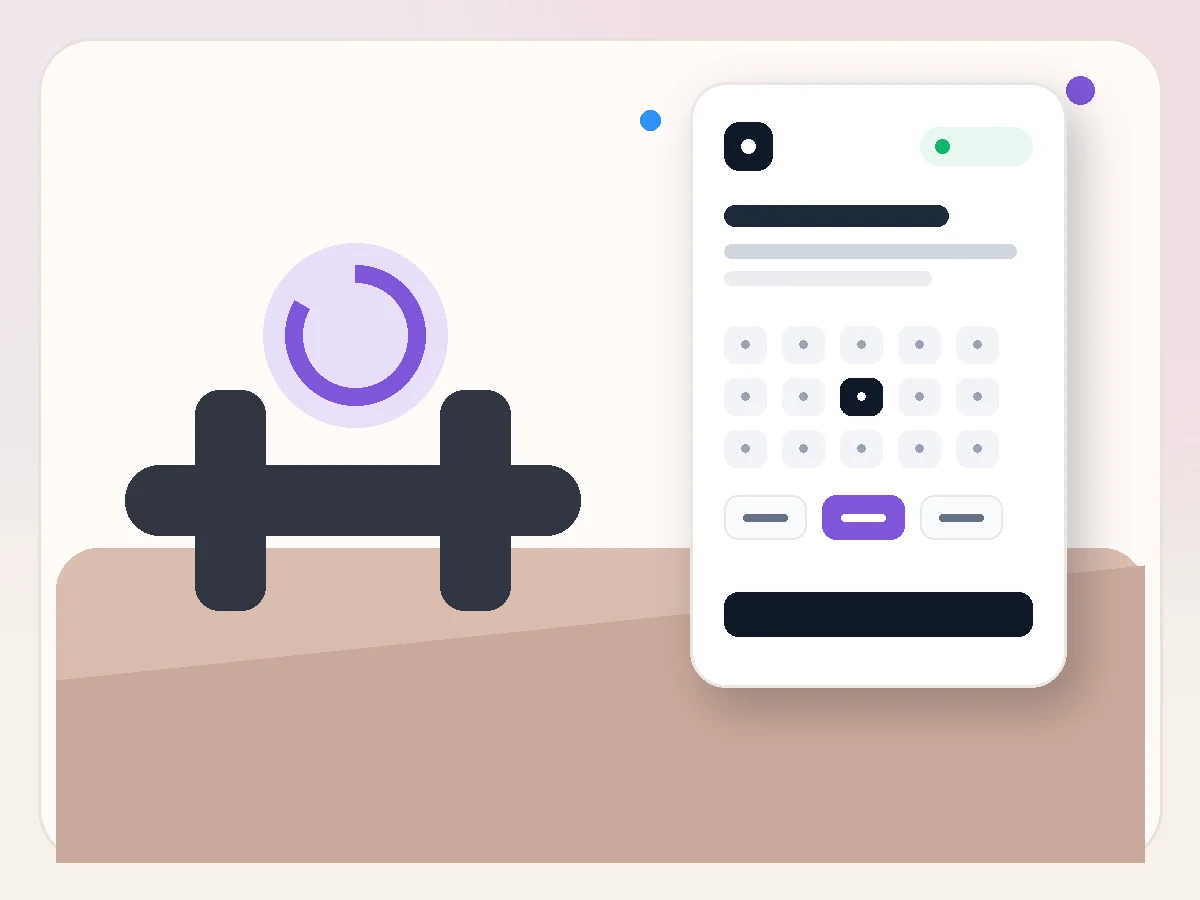 Ilustración de Reservas online para entrenadores personales con la interfaz de reservas online de Bookero